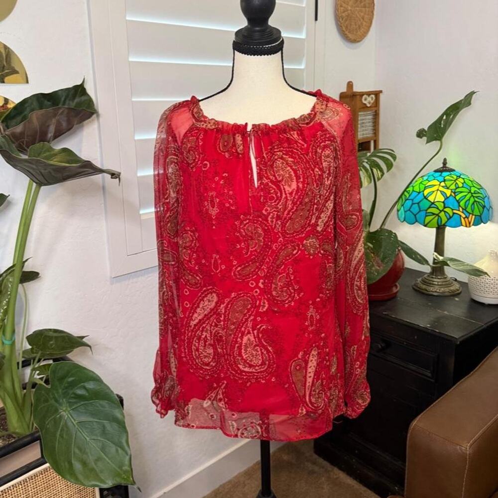 Y2K Fairy Boho 100% Silk Red Paisley Beaded Sheer Sleeve Blouse S